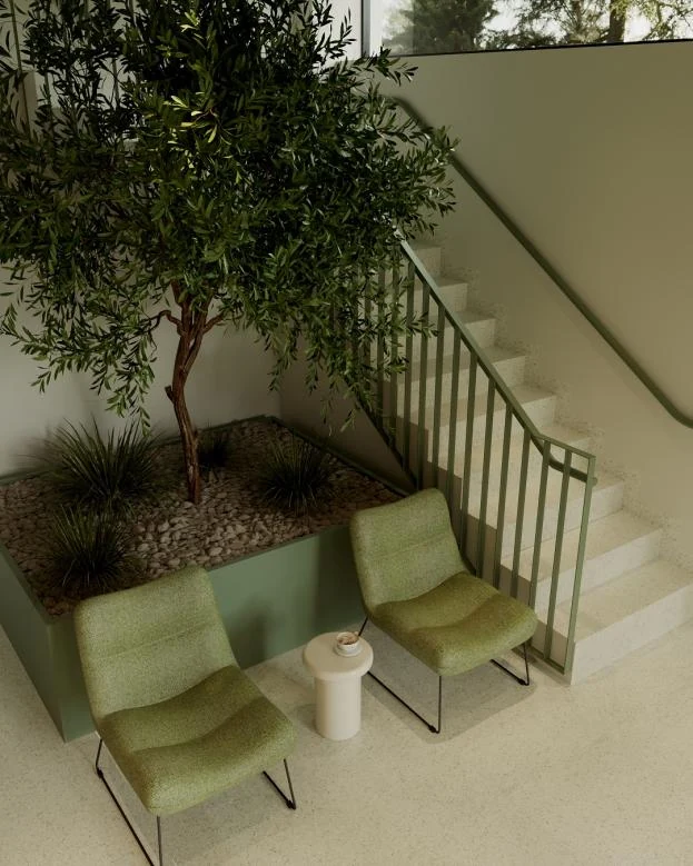 Lobby RED Residence cu vegetație și zonă de așteptare