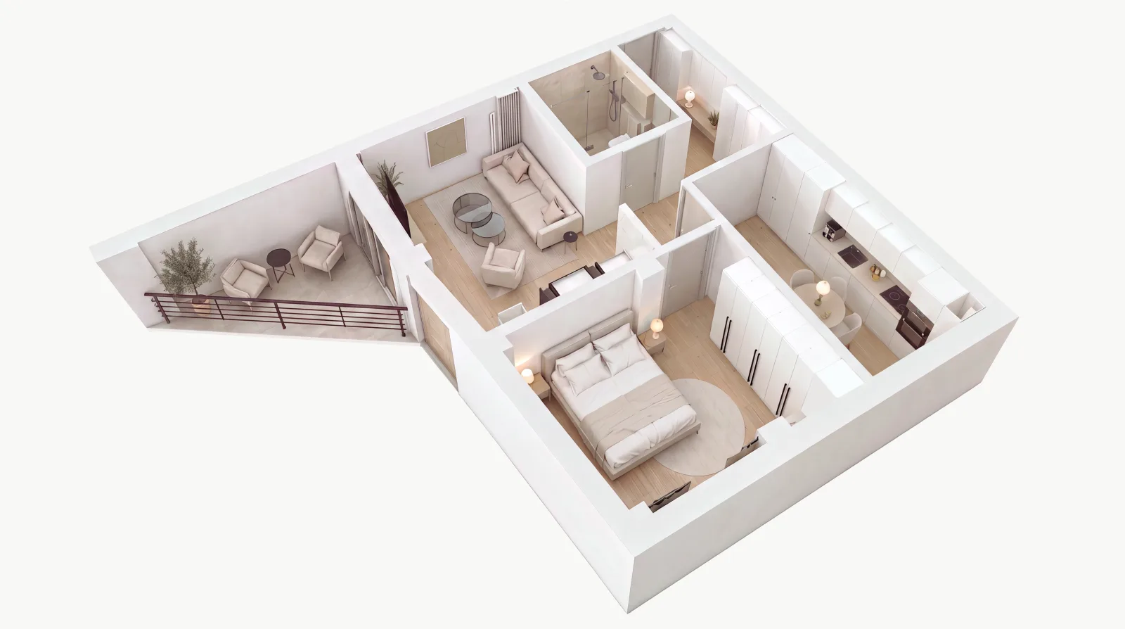 Plan 3D complet AP.03, apartament cu 2 camere
