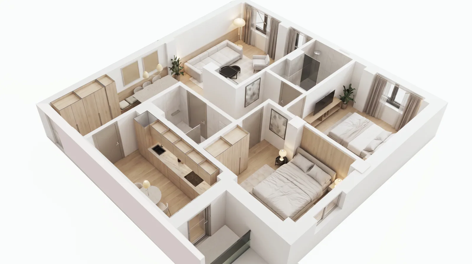 Plan 3D complet AP.04, apartament cu 3 camere